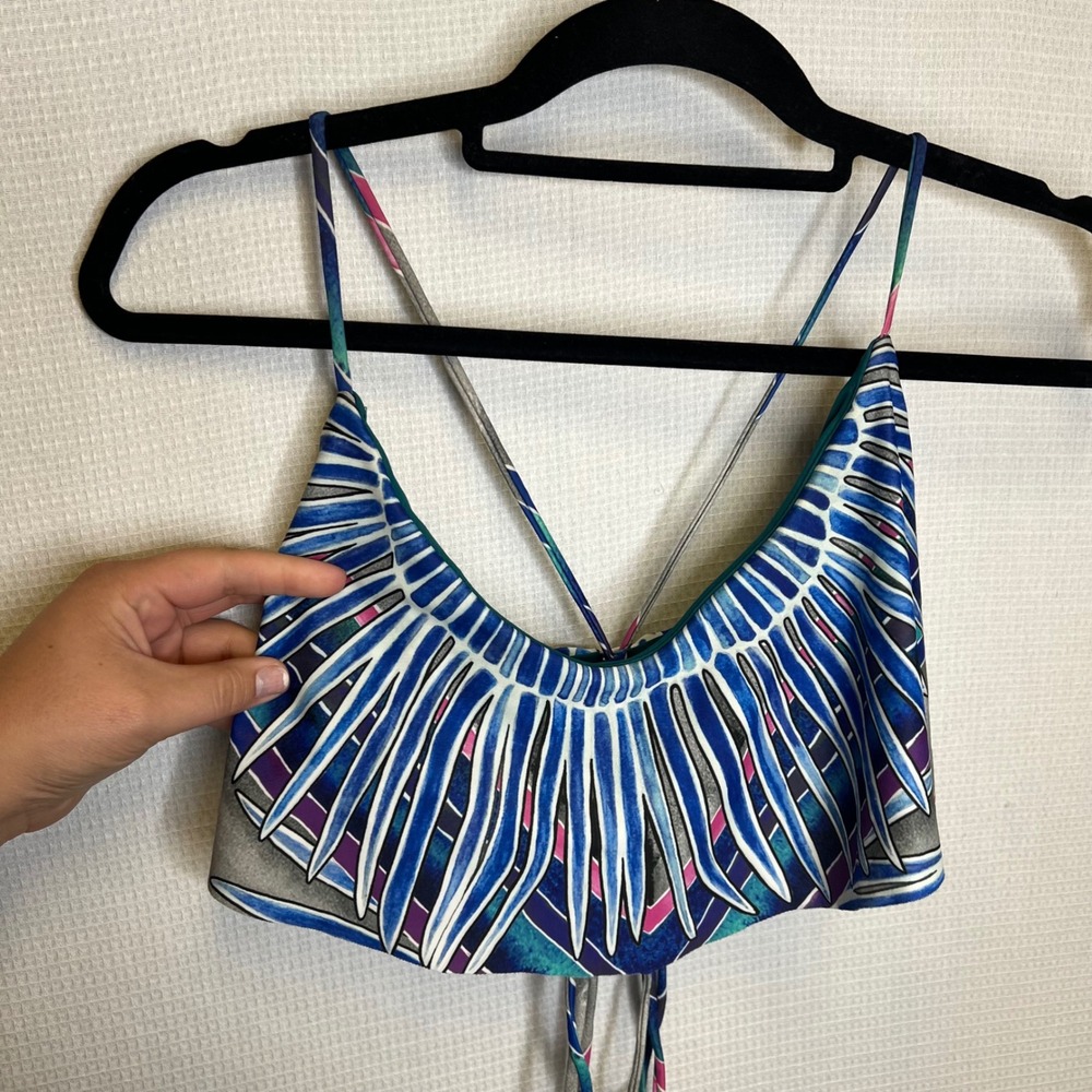 Mara Hoffman Blue Purple Geometric Feather Print Flounce Bikini Top Large